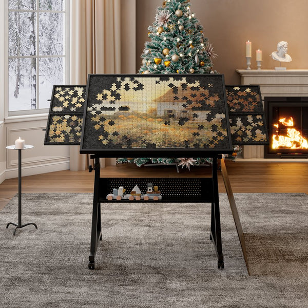 English Elm 1500 Puzzle Table with Adjustable Height & Tilt, 4 Felt Trays, Locking Wheels, Large Metal Storage Shelf Black W347P372497