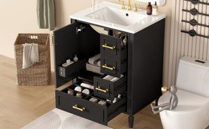 English Elm 24" Olive Bathroom Vanity Solid Wood Frame Ceramic Sink Gold Hardware Soft Close Black N729P373272B