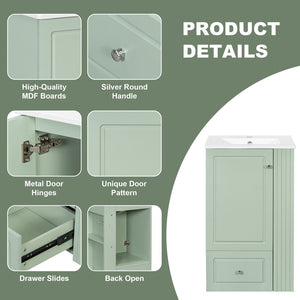 English Elm 20" Freestanding Bathroom Vanity Mdf Cabinet Ceramic Sink Open Shelves Powder Room Green N725P364210F