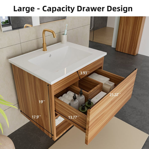 English Elm 24 Inch Floating Bathroom Vanity Fluted Walnut Cabinet with Ceramic Sink Modern W3520S00041