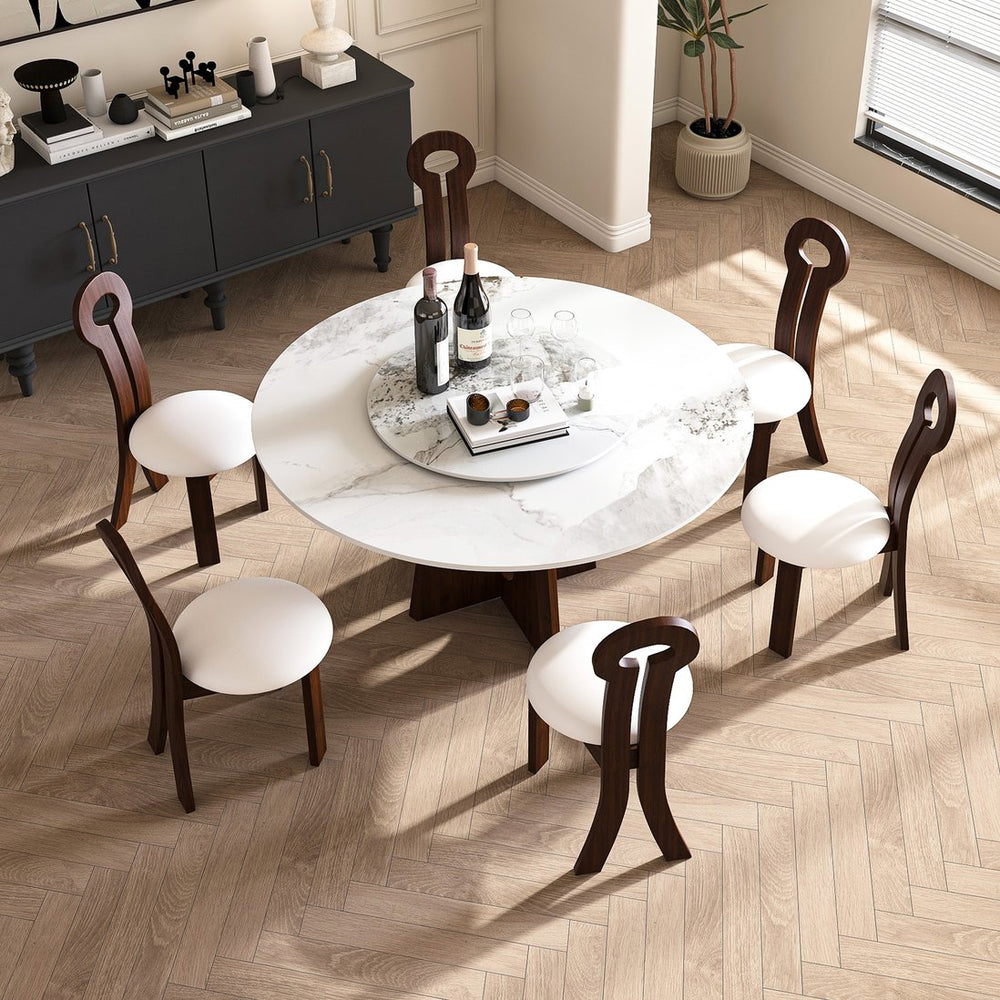 English Elm Modern Marble Dining Table With Lazy Susan, 59" Sintered Stone Top & Walnut Base For 6-8 People W2700S00013