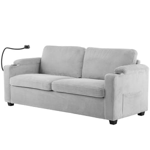 English Elm 72.8" Corduroy Sleeper Sofa Loveseat with Full Mattress, USB Charging, Cup Holders, Storage Pockets Grey N719P208880E