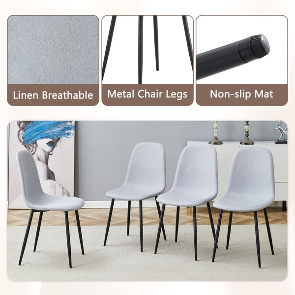 English Elm Table Set - Modern Black Wood Textured Dining Table With 6 Stylish Light Gray Linen-Cotton Chairs W1151S04317-GIGA