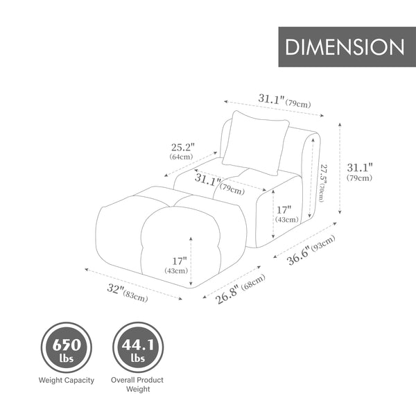 English Elm 31" Modular Cloud Armless Accent Chair with Ottoman Set — Plush Tufted Lounge Sofa, Pocket-Spring Comfort Ivory W3118P371708