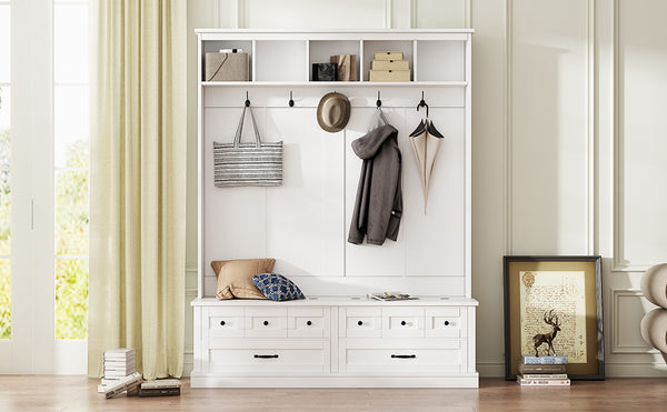 English Elm ON-TREND Elegant Wide Hall Tree with Lift-Top Storage Bench, 5 Hooks, 2 Drawers, Retro Handles, 59" W White N721P234409K