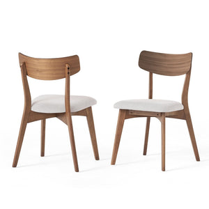 English Elm Mid-century Rubberwood Dining Chairs with Walnut Finish and Beige Upholstered Seat Set N768P379795L