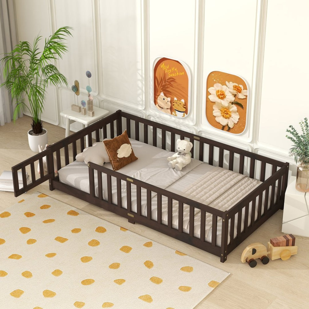 English Elm Twin Low Profile Rubberwood Floor Bed with Full Safety Fence for Toddler Rooms Espresso W504P429279