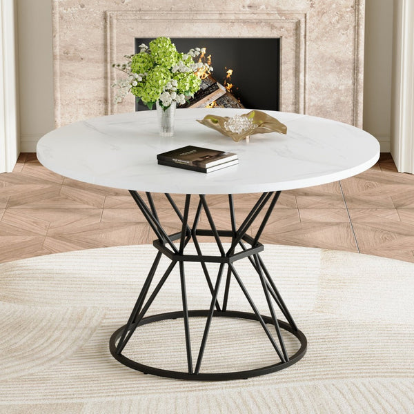 English Elm A Round Marble Patterned Mdf Dining Table with Matte Hourglass Base Seats Six White+Black W1151P434791