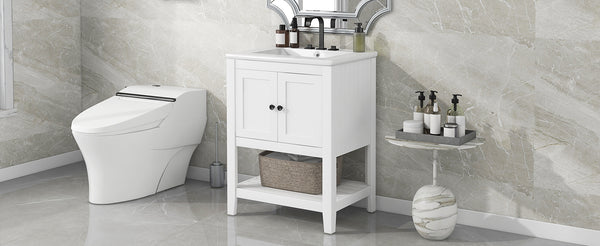 English Elm 24" Modern Sleek Bathroom Vanity with Ceramic Sink, Solid Wood Frame, Waterproof Finish and Open Shelf Storage White N725P246473K