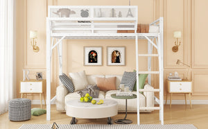 English Elm Queen Metal High Loft Bed with Storage Shelf and Ladder for Teens Small Spaces W2580P351278