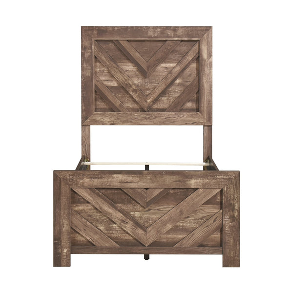 English Elm Rustic Queen Panel Bed with V-Pattern Headboard, 3D Paper Veneer Wood Look, Boxed Easy Assembly Rustic Brown 45.25 L x 40.25 W x 6.5 H B011P250475