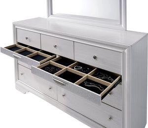 English Elm White Dresser with Mirror Set – Gleaming Silver Accents, Hidden Jewelry Drawer, English Dovetail Craftsmanship B2741S00551