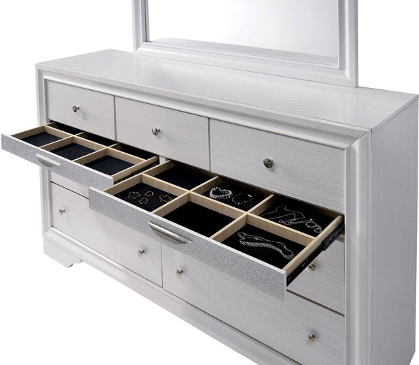 English Elm White Dresser with Mirror Set – Gleaming Silver Accents, Hidden Jewelry Drawer, English Dovetail Craftsmanship B2741S00551