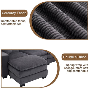 English Elm Modern U Shaped 6-Seat Sectional Sofa with Ottoman and 3 Toss Pillows, Corduroy Modular Comfort and Durable Frame Grey W2363S00041