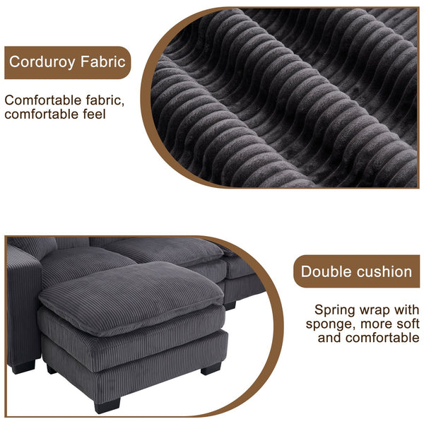 English Elm Modern U Shaped 6-Seat Sectional Sofa with Ottoman and 3 Toss Pillows, Corduroy Modular Comfort and Durable Frame Grey W2363S00041