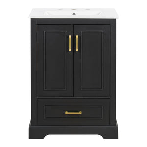 English Elm 24"Bathroom Modern Vanity with Ceramic Sink, Solid Wood Frame, Soft-Close Doors & Smart Storage System Black N729P321378B