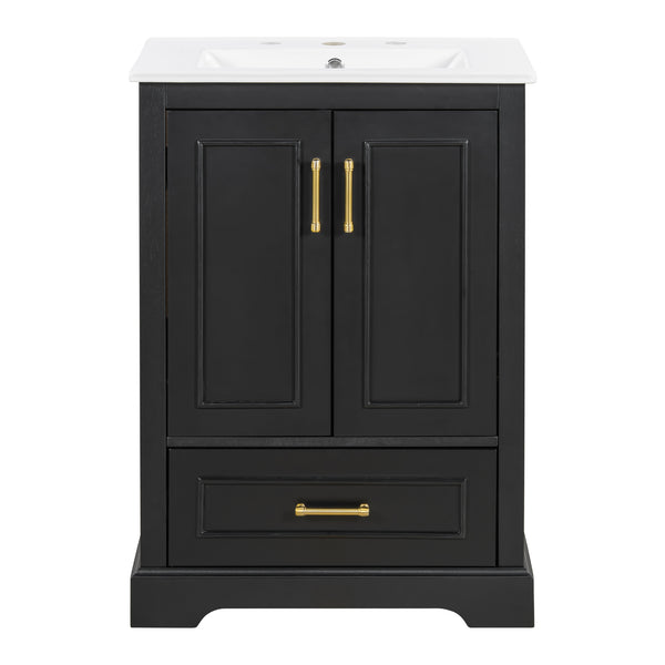 English Elm 24"Bathroom Modern Vanity with Ceramic Sink, Solid Wood Frame, Soft-Close Doors & Smart Storage System Black N729P321378B