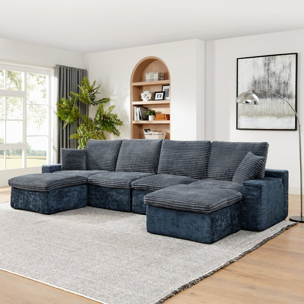 English Elm 142" Cloud Sectional Sofa with 52" Chaise U-Shaped Modular Deep Seat Plush Chenille No Assembly Blue W1117S00237