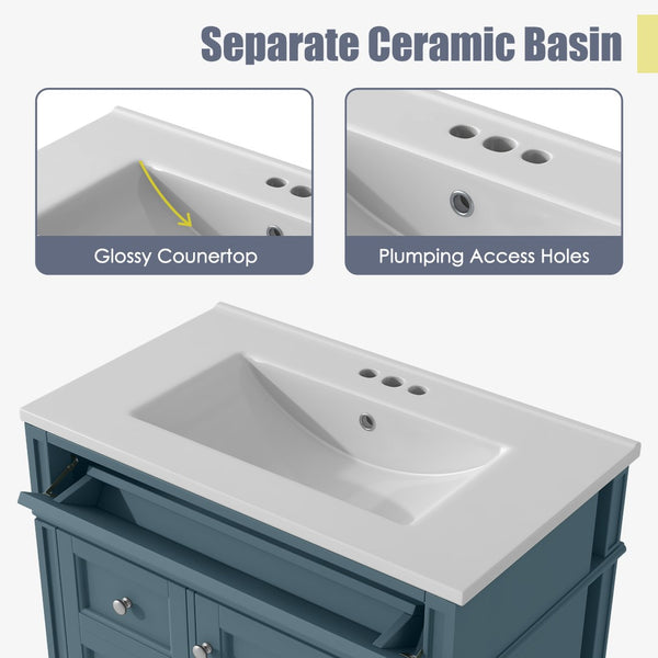 English Elm 30'' Freestanding Bathroom Vanity Set with Mirror Cabinet Ceramic Sink Soft Close SW000126AAM-1