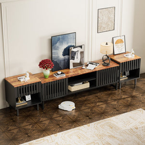 English Elm 63 Vintage Bevel TV Stand 63-inch Media Console with Drawers and Open Shelves, Rustic Artful Design Black+Brown W578P193305