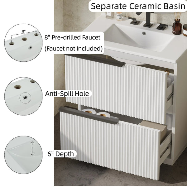 English Elm Christopher Knight Home® - 30" Elegant Freestanding Bathroom Vanity With Ceramic Sink, Soft-Close Drawers & Fluted Design N817P288915W