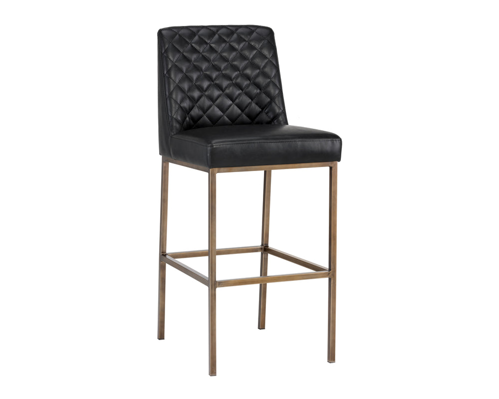 Sunpan Leighland Classic Barstool with Antique Brass Frame and Diamond-Stitched Faux Leather Upholstery Coal Black