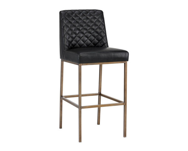 Sunpan Leighland Classic Barstool with Antique Brass Frame and Diamond-Stitched Faux Leather Upholstery Coal Black