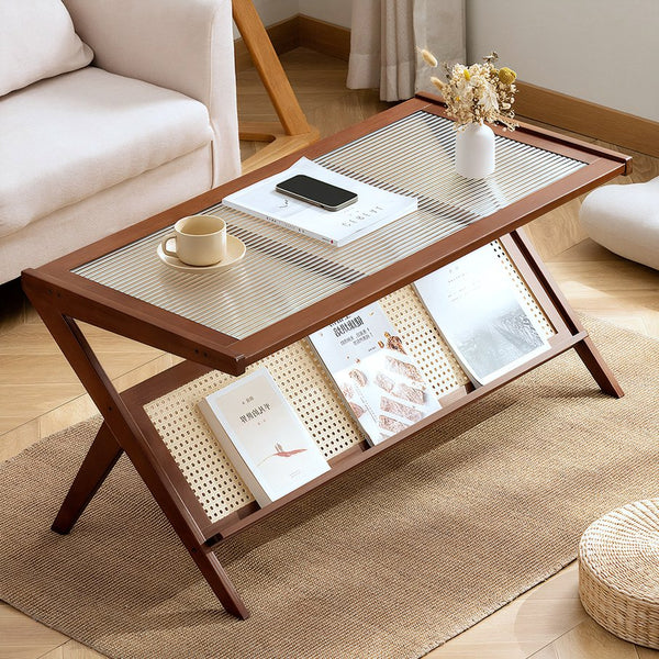 English Elm Rattan Mid Century Bamboo Coffee Table with Tempered Glass Top, Z-Frame Storage Shelf, Brown 42.5" W3101P314783