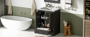 English Elm 24'' Bathroom Vanity with Ceramic Sink Combo Modern Freestanding MDF Cabinet with Soft-Close Doors and Sleek Silver Handles for Spacious Organized Bathroom Storage Black N710P194893B