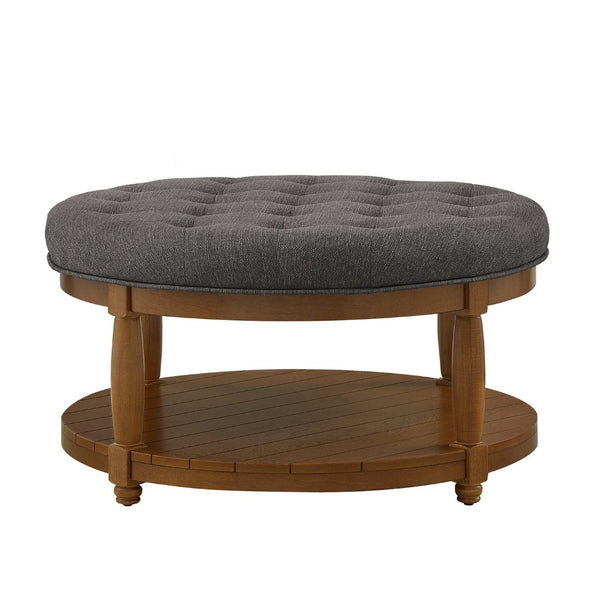 English Elm Large Tufted Linen Round Ottoman with Wood Shelf Neutral Footrest for Living Rooms W2186P400510
