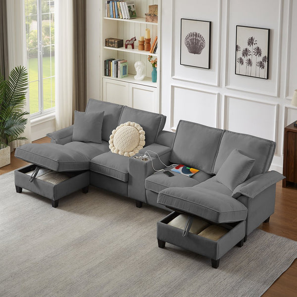 English Elm 120" Modular Corduroy Sectional Sofa Bed with Storage, U-Shaped 4-Seater, Cup Holders & Console Gray W1359S00012