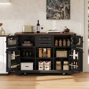 English Elm K&k Farmhouse Rolling Kitchen Island with Barn Doors Power Outlet and Drop Leaf Black N707S300277B
