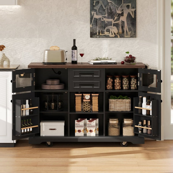 English Elm K&k Farmhouse Rolling Kitchen Island with Barn Doors Power Outlet and Drop Leaf Black N707S300277B