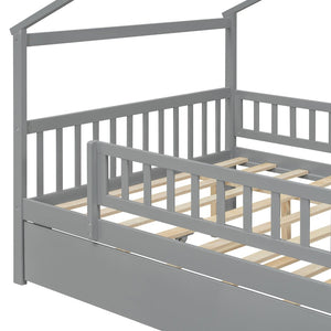 English Elm Full Size Pine House Bed with Roofline Frame and Roll Out Twin Trundle for Kids Gray LP100306AAE