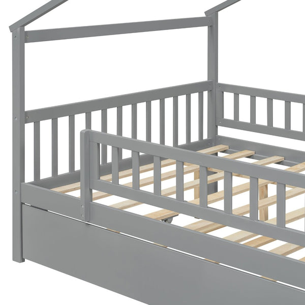 English Elm Full Size Pine House Bed with Roofline Frame and Roll Out Twin Trundle for Kids Gray LP100306AAE