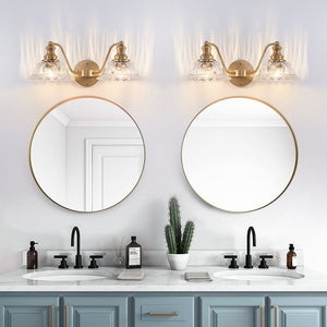 English Elm 20 Inch 2-Light Vintage Bathroom Wall Sconce with Iron and Glass Shades – Elegant Vanity Lighting for Mirror and Hallway Gold W2312P374843