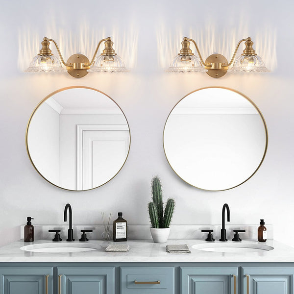 English Elm 20 Inch 2-Light Vintage Bathroom Wall Sconce with Iron and Glass Shades – Elegant Vanity Lighting for Mirror and Hallway Gold W2312P374843