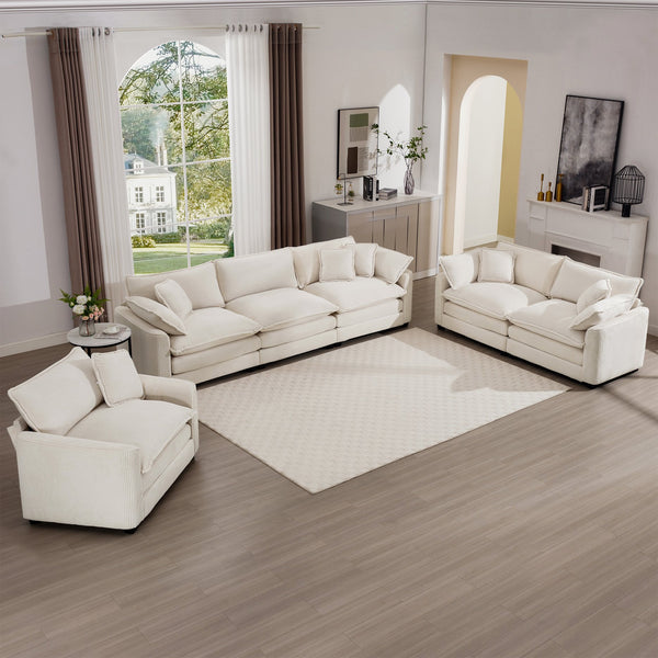 English Elm 3 Plush Corduroy Sofa Set – Oversized 3-Piece Beige Living Room Trio, Memory Foam Deep Seats W714S00767