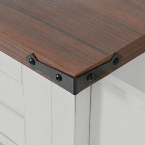 English Elm K&K 58" Farmhouse Kitchen Island with Sliding Barn Door, Drop Leaf, Glass Rack, Locking Wheels, Power White N707P349811W