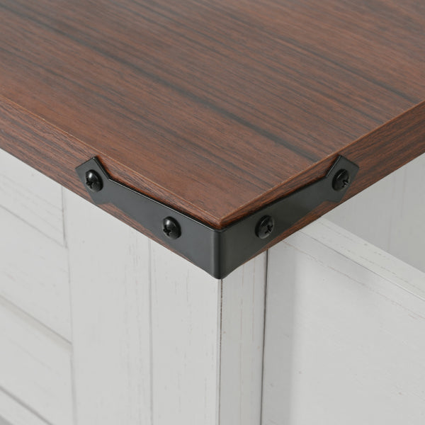 English Elm K&K 58" Farmhouse Kitchen Island with Sliding Barn Door, Drop Leaf, Glass Rack, Locking Wheels, Power White N707P349811W