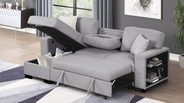 English Elm Pinto Reversible Sectional Sofa with Sleeper, Storage Chaise, Drop-Down Tray, USB Ports, Shelves Gray B009S01471