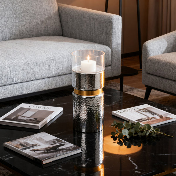 English Elm D5.9x15.2" Hammered Halloway Silver Candle Holder with Gold Stripe & Glass Top — Elegant Accent Piece W2078P390753