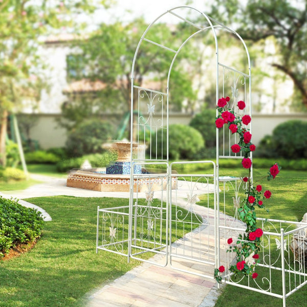 English Elm Metal Garden Arch Gate with Planter Stands Powder Coated Steel Rose Climbing Support W1586P243826