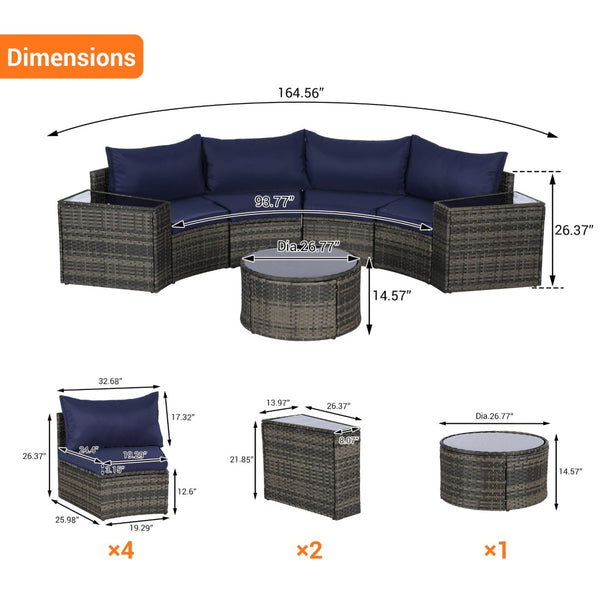 English Elm Outdoor Half Moon Sectional Set 7 Piece Rattan Sofa with Tempered Glass Coffee Table Dark Blue W874S00045