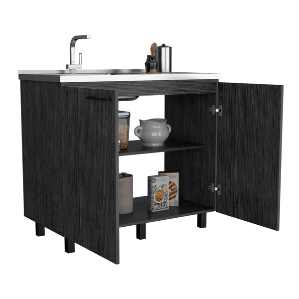 English Elm Napoles Utility Sink Cabinet Stainless Steel Top Smokey Oak Laundry Storage B200S00402