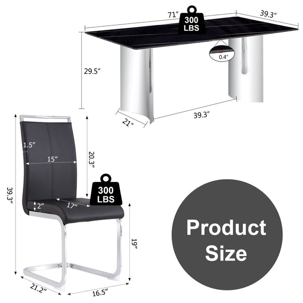 English Elm Table With Glass Top & 6 Black Pu Chairs - Modern Marble Design, Stainless Steel Legs, Easy Clean W1151S02608-GIGA
