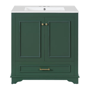 English Elm 30" Elegant Bathroom Vanity with Ceramic Sink, French-Inspired Compact Cabinet with Drawer & Shelf Green N710P317676F