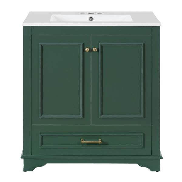 English Elm 30" Elegant Bathroom Vanity with Ceramic Sink, French-Inspired Compact Cabinet with Drawer & Shelf Green N710P317676F