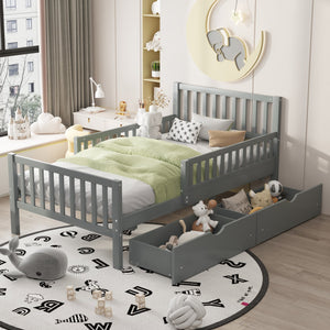 English Elm Twin Pinewood Platform Bed with Headboard, Guardrails & Two Underbed Drawers for Storage Gray 70.6 L x 17.1 W x 5.9 H N733P172696E