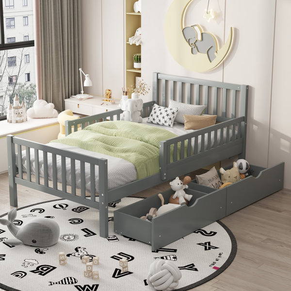 English Elm Twin Pinewood Platform Bed with Headboard, Guardrails & Two Underbed Drawers for Storage Gray 70.6 L x 17.1 W x 5.9 H N733P172696E